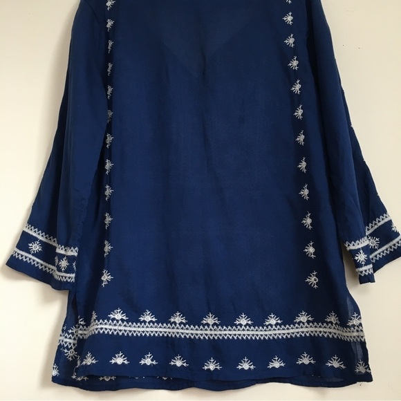 Lucky Brand Boho Embroidered Navy Blue 3/4 Long Sleeve Blouse Tunic - Picture 6 of 16